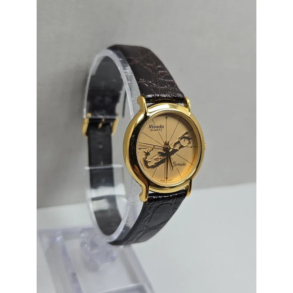 Womens Vintage Nivada Bermuda Map Swiss Quartz Gold Leather Watch New Battery